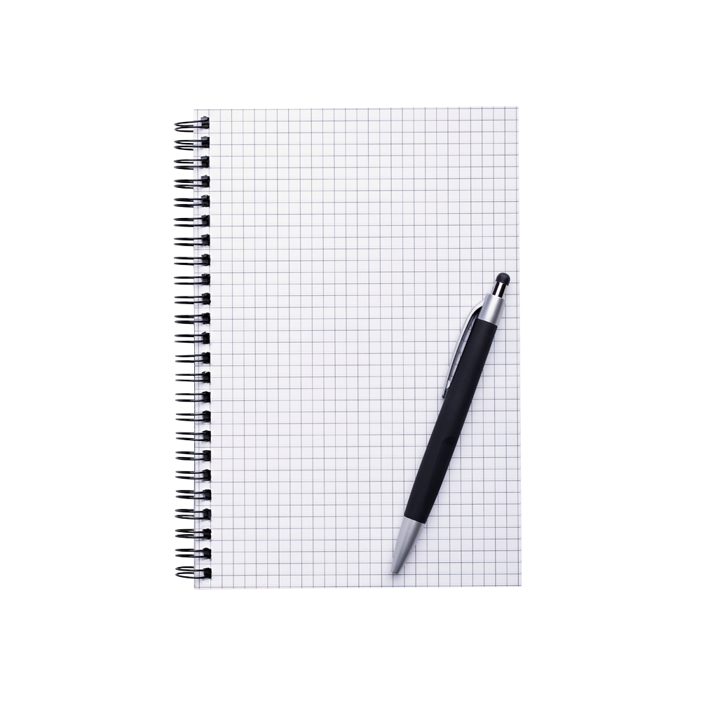 karrierter Block mit Kugelschreiber