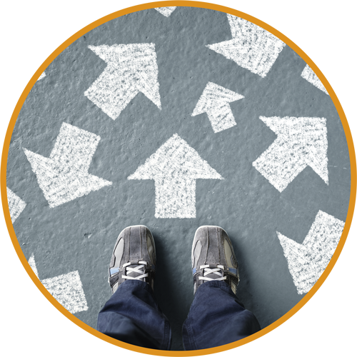 Motivbild mit Beinen und Pfeilen in verschiedene Richtungen